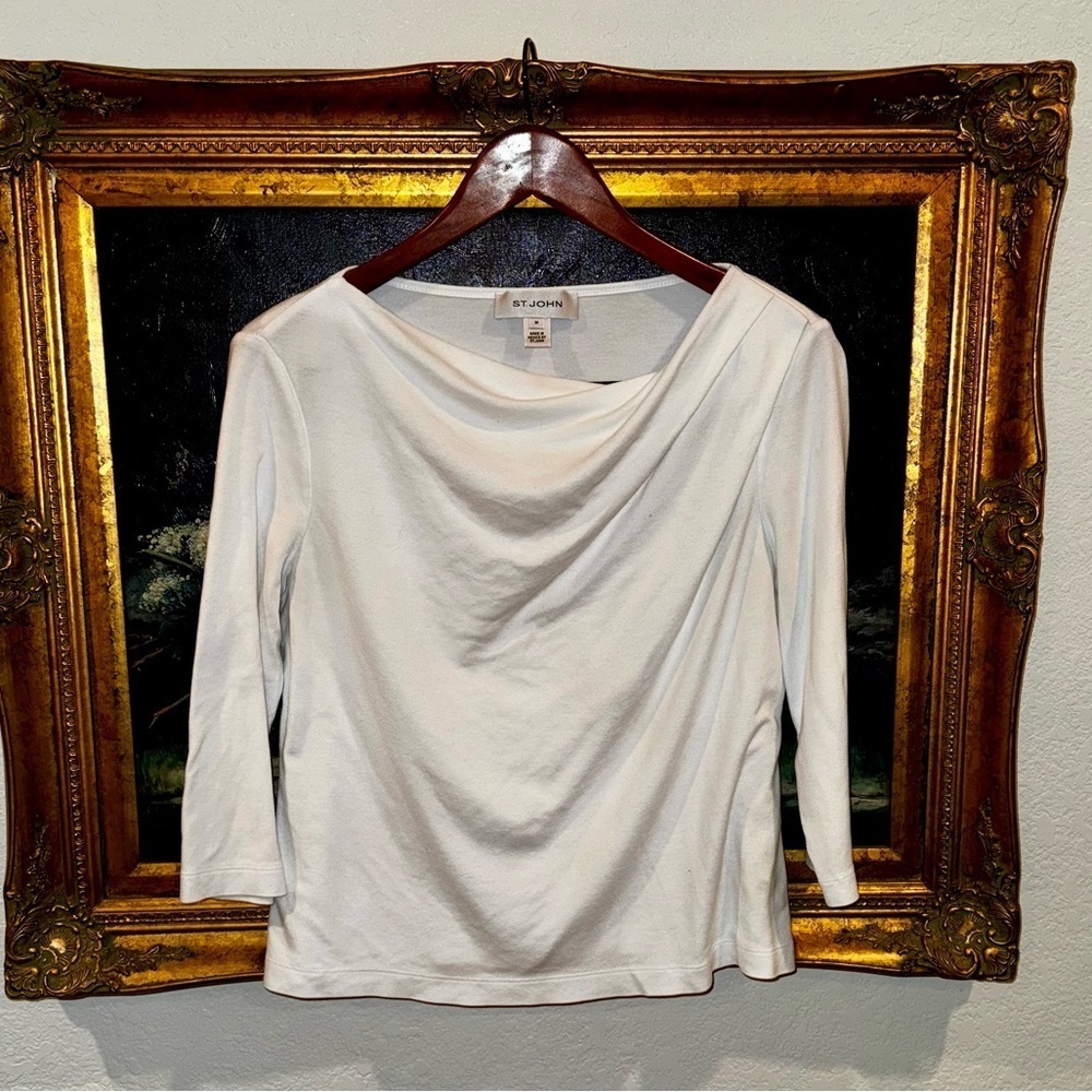 ST. JOHN White Draped Neck 3/4 Sleeve 
Dressy Designer Top Size Medium
